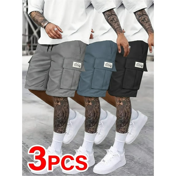 3-Pack Men'S Casual Waist-Tie Loose-Fit Sports Cargo Shorts, Solid Color, Polyester 100%, Non-Stretch Fabric, Woven, with Pockets, Regular Fit for Outdoor Activities