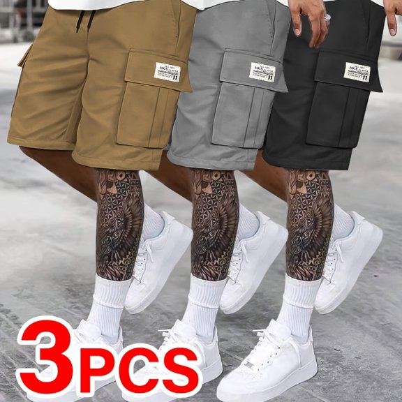 3-Pack Men'S Casual Waist-Tie Loose-Fit Sports Cargo Shorts, Solid Color, Polyester 100%, Non-Stretch Fabric, Woven, with Pockets, Regular Fit for Outdoor Activities