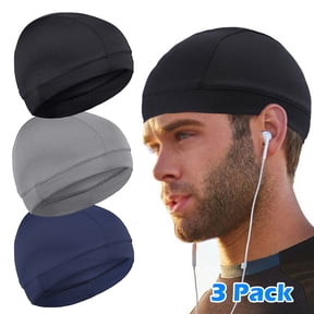 3 Pack Men Women Under Helmet Liner Skull Cap, Homeya Outdoor Sport Cycling Bicycle Moisture Wicking Beanie, Quick Dry Running Cap, Black & Blue & Gray