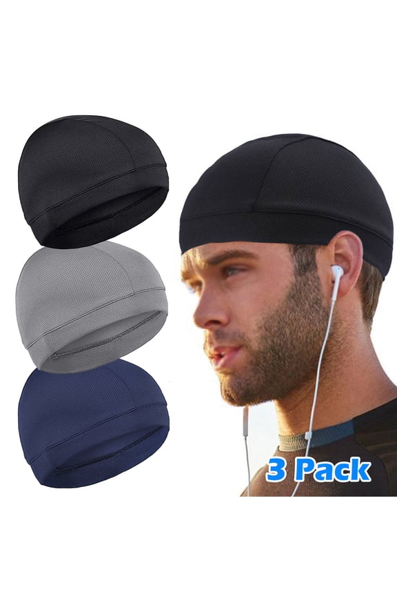 3 Pack Men Women Under Helmet Liner Skull Cap, Homeya Outdoor Sport Cycling Bicycle Moisture Wicking Beanie, Quick Dry Running Cap, Black & Blue & Gray