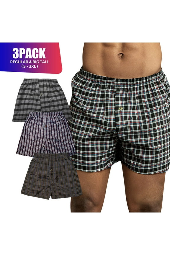 3 Pack Men's 100% Cotton Boxer Shorts Premium Cotton Random Mixed Color Pack Woven Relaxed Fit Underwear Elastic Waist Button Fly Pouch Menswear