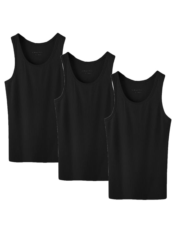 3 Pack Men's 100% Cotton Ribbed Plain Tank Tops Athletic A-Shirts Undershirts Black Size:Medium