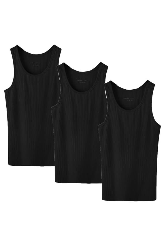 3 Pack Men's 100% Cotton Ribbed Plain Tank Tops Athletic A-Shirts Undershirts Black Size:Medium