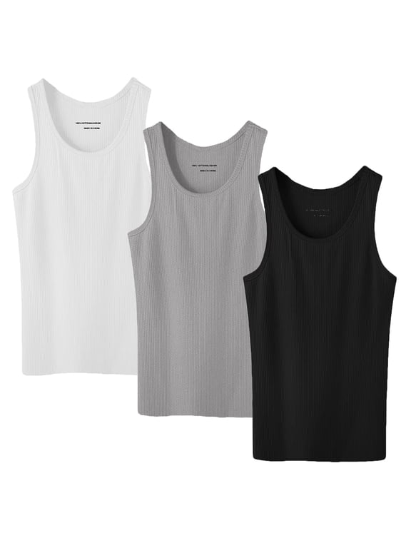 3 Pack Men's 100% Cotton Ribbed Plain Tank Tops Athletic A-Shirts Undershirts Plain Mix Size:Large