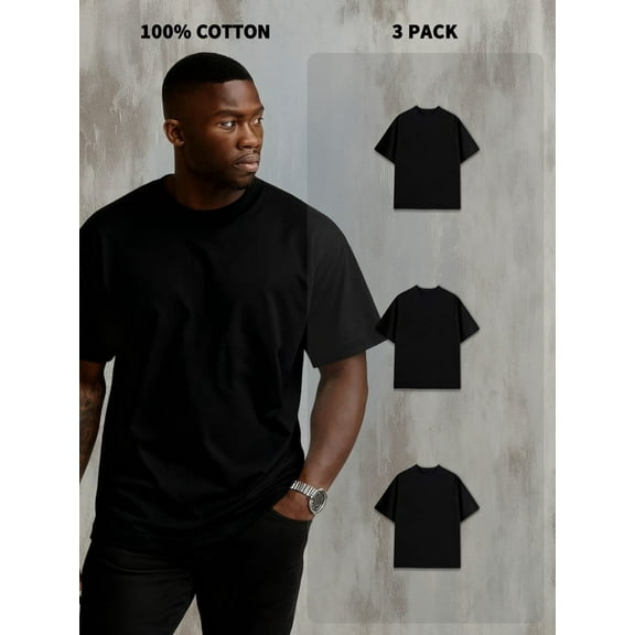 3-Pack Men's 100% Cotton Short Sleeve Crew Neck Tees - 180g, Shrink-Resistant, Cost-Effective, Black