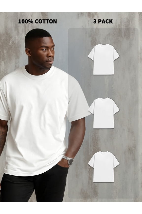 3-Pack Men's 100% Cotton Short Sleeve Crew Neck Tees - 180g, Shrink-Resistant, Cost-Effective, White