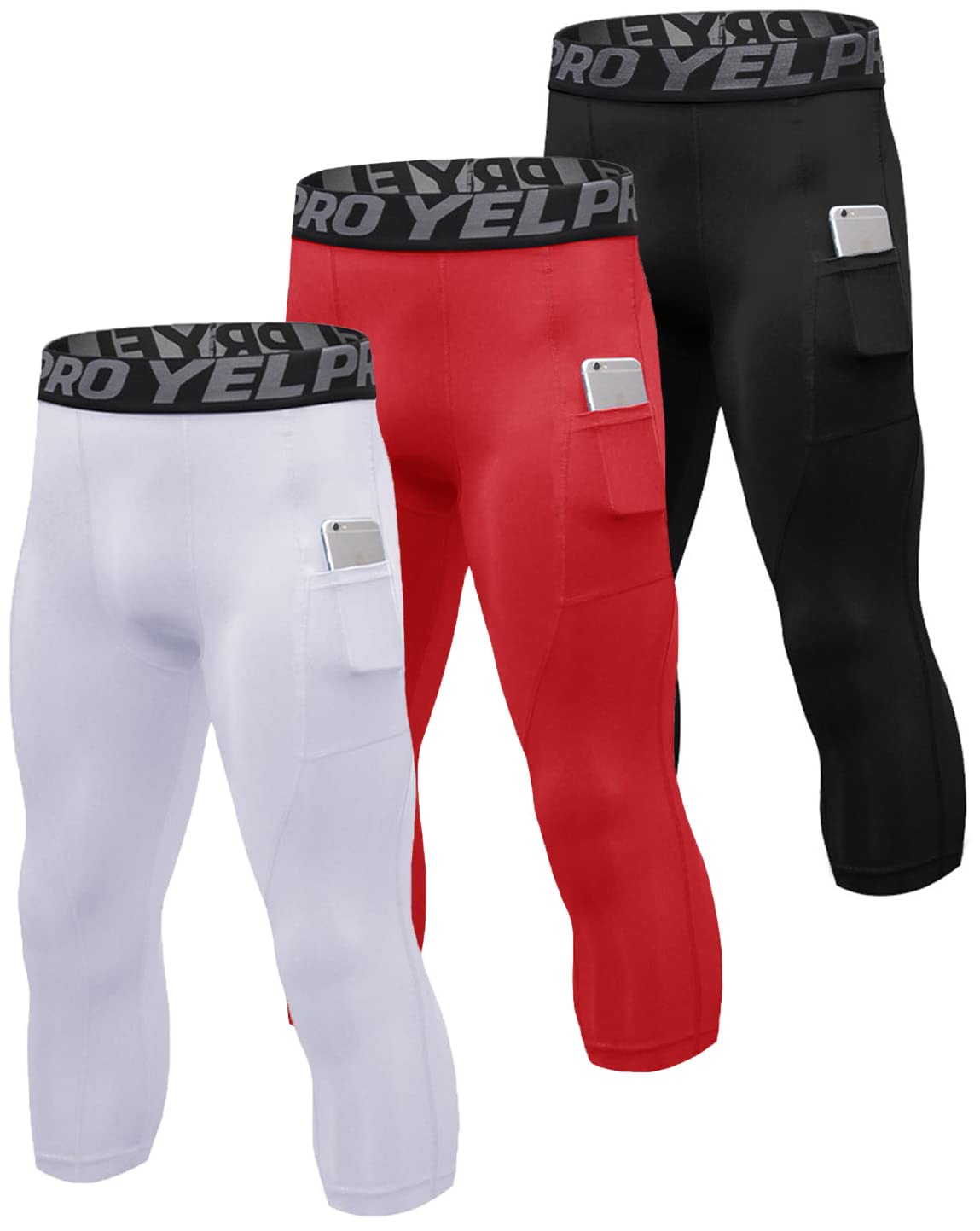 3 Pack Men's 3/4 Compression Pants with Pockets Workout Dryfit