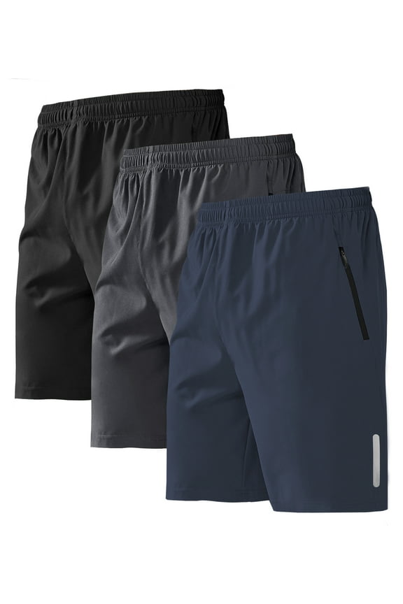 3 Pack Men's Athletic Shorts Set with Zipper Pockets Elasticated Waistband Quick Dry Workout Shorts for Basketball