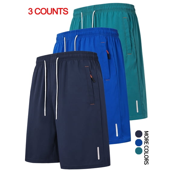 3 Pack Men's Athletic Shorts with Zipper Pockets Quick Dry Stretch Workout Shorts Lightweight Breathable Running Gym Shorts with Drawstring Waist