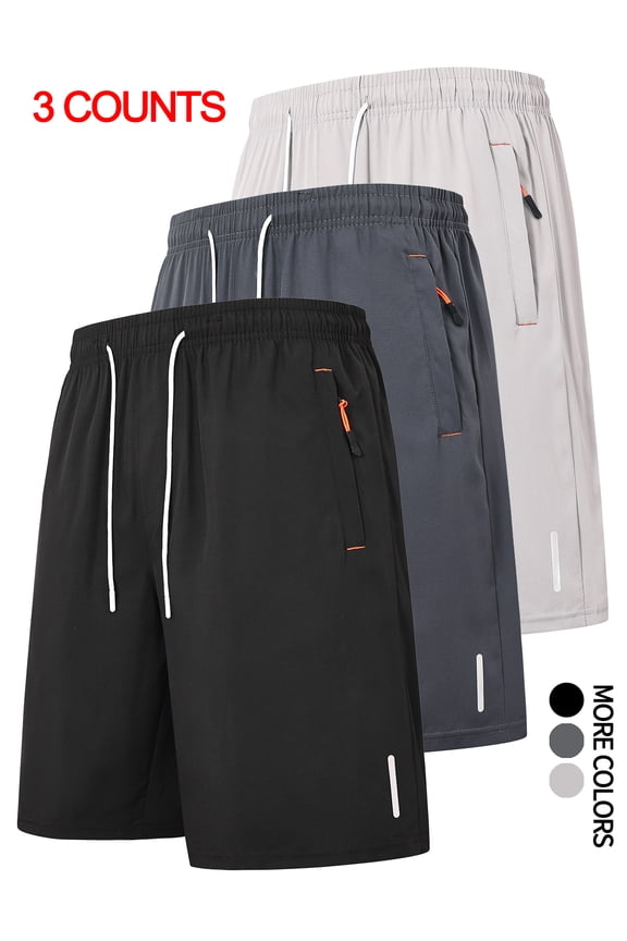 3 Pack Men's Athletic Shorts with Zipper Pockets Quick Dry Stretch Workout Shorts Lightweight Breathable Running Gym Shorts with Drawstring Waist