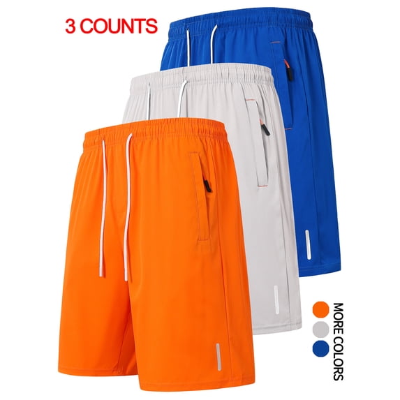 3 Pack Men's Athletic Shorts with Zipper Pockets Quick Dry Stretch Workout Shorts Lightweight Breathable Running Gym Shorts with Drawstring Waist