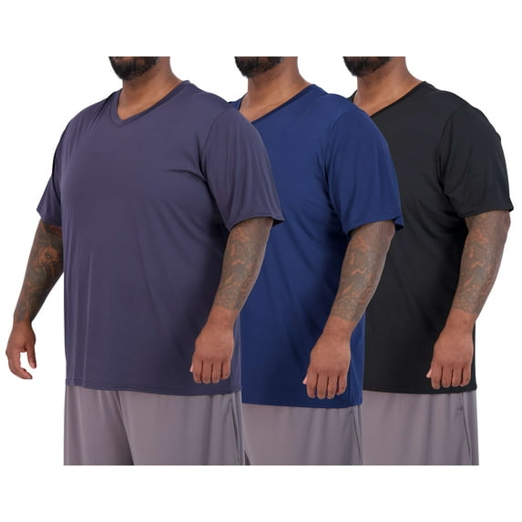 Real Essentials 3 Pack: Mens Big & Tall V-Neck Short-Sleeve Tech Stretch Dry-Fit T-Shirt (3X Tall-5X Tall)