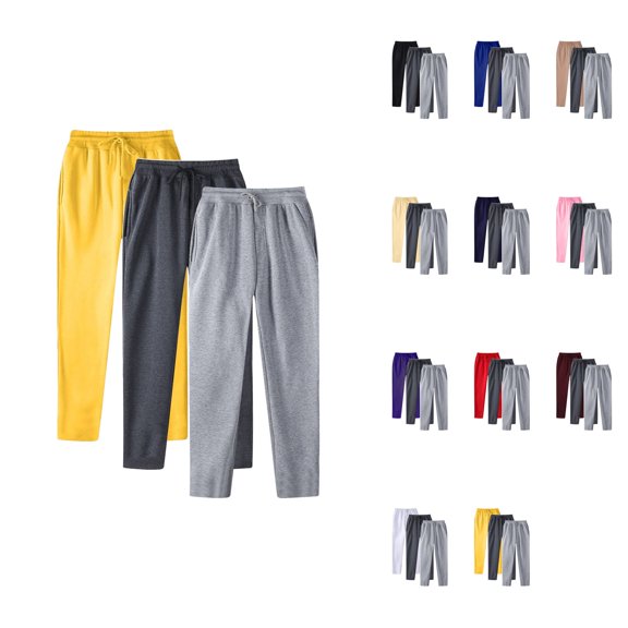 3 Pack Men's Casual Solid Color Track Pants, Lace Up with Pockets, Fleece Wide Leg, Baggy Drawstring, Open Bottom, Workout Joggers, Fall