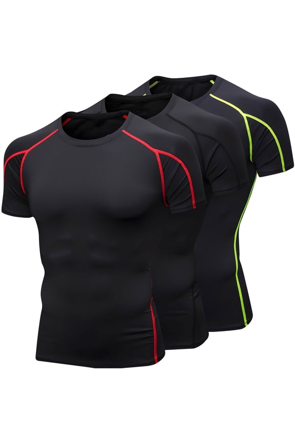 3 Pack Men's Compression Shirts Short Sleeve Gym Base Active Workout T-Shirts Top Cool Dry Crewneck Shirt Sports Quick Dry Running Base Layer,Black XL