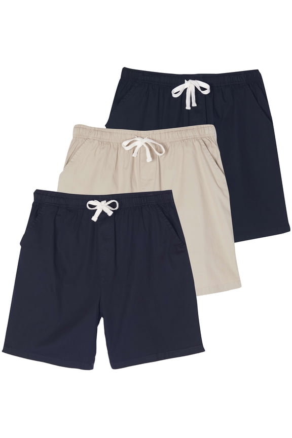 3 Pack: Men's Cotton 7" Walk Short With Back Pocket & Drawstring - Casual Wear