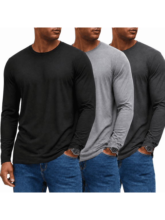 Men's Long Sleeve T-Shirts 3 Pack, 100% Cotton Crew Neck Basic Tees, Soft Casual Shirts for Everyday Wear, Work and Layering