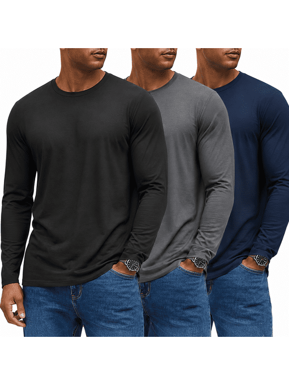 3-Pack Men's Cotton Blend Long Sleeve T-Shirts, Crew Neck Basic Tees for Work, Casual Wear and Layering, Black/Navy/Dark Grey