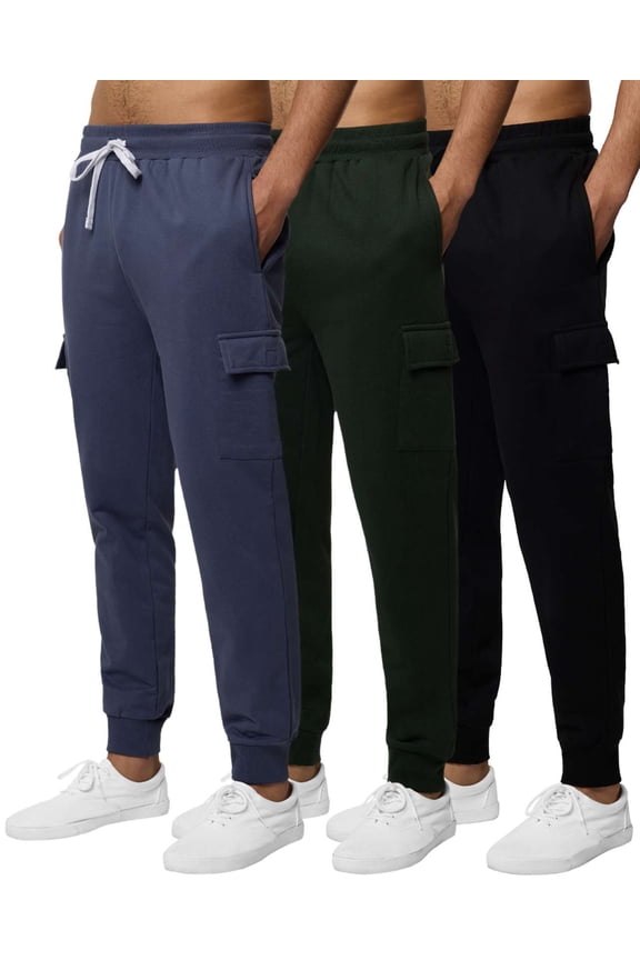 3 Pack: Men's Cotton Fleece Cargo Jogger Sweatpants With Pockets