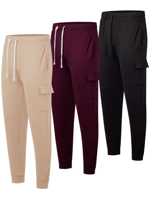 3 Pack: Men's Cotton Fleece Cargo Jogger Sweatpants With Pockets