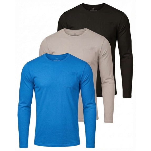 3 Pack Men's Cotton Long Sleeve Pocket T Shirts Crew Neck Athletic Workout