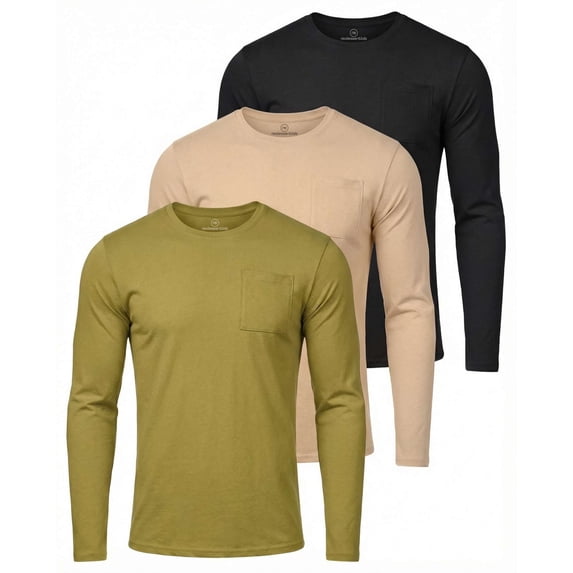 3 Pack Men's Cotton Long Sleeve Pocket T Shirts Crew Neck Athletic Workout