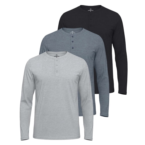 Real Essentials 3 Pack: Men's Cotton Long Sleeve Henley T-Shirt - Casual Work Activewear Tee (Available In Big & Tall)