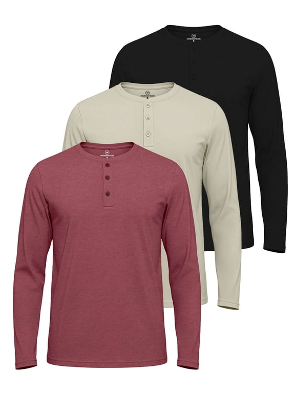 3 Pack Men's Cotton Long Sleeve Henley T Shirts Casual Work Gym Workout Tee
