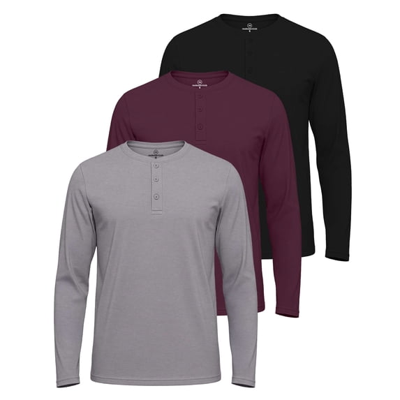 Real Essentials 3 Pack: Men's Cotton Long Sleeve Henley T-Shirt - Casual Work Activewear Tee (Available In Big & Tall)