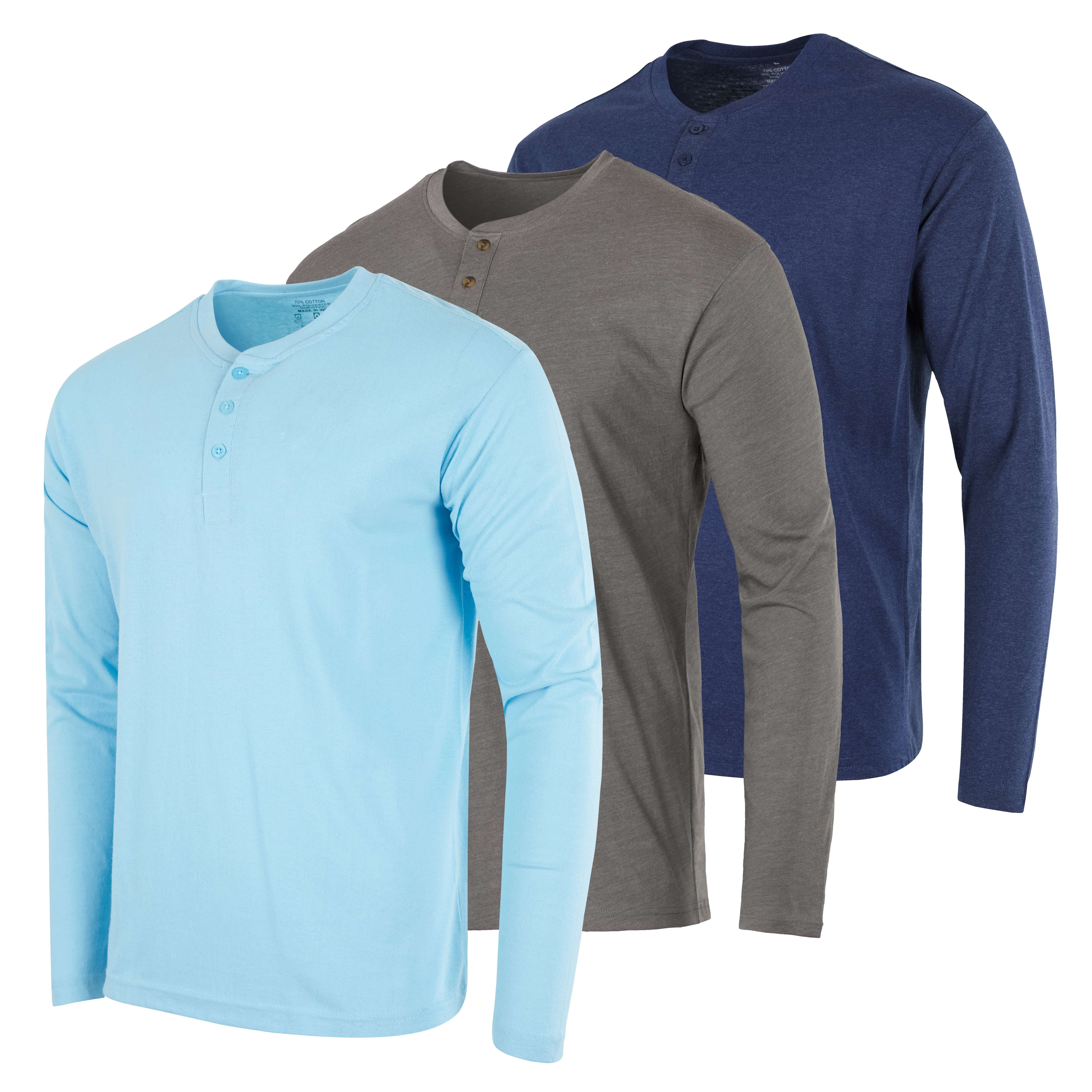 Real Essentials Men's 3-Pack Henley T-Shirts - Cotton Blend, Long & Short Sleeve For Casual & Active Wear