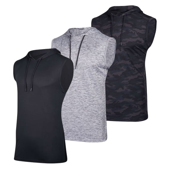 Real Essentials 3 Pack: Mens Dry-Fit Active Hooded Tank Top - Workout Sleeveless Hoodie Drawstring (Available in Big & Tall)
