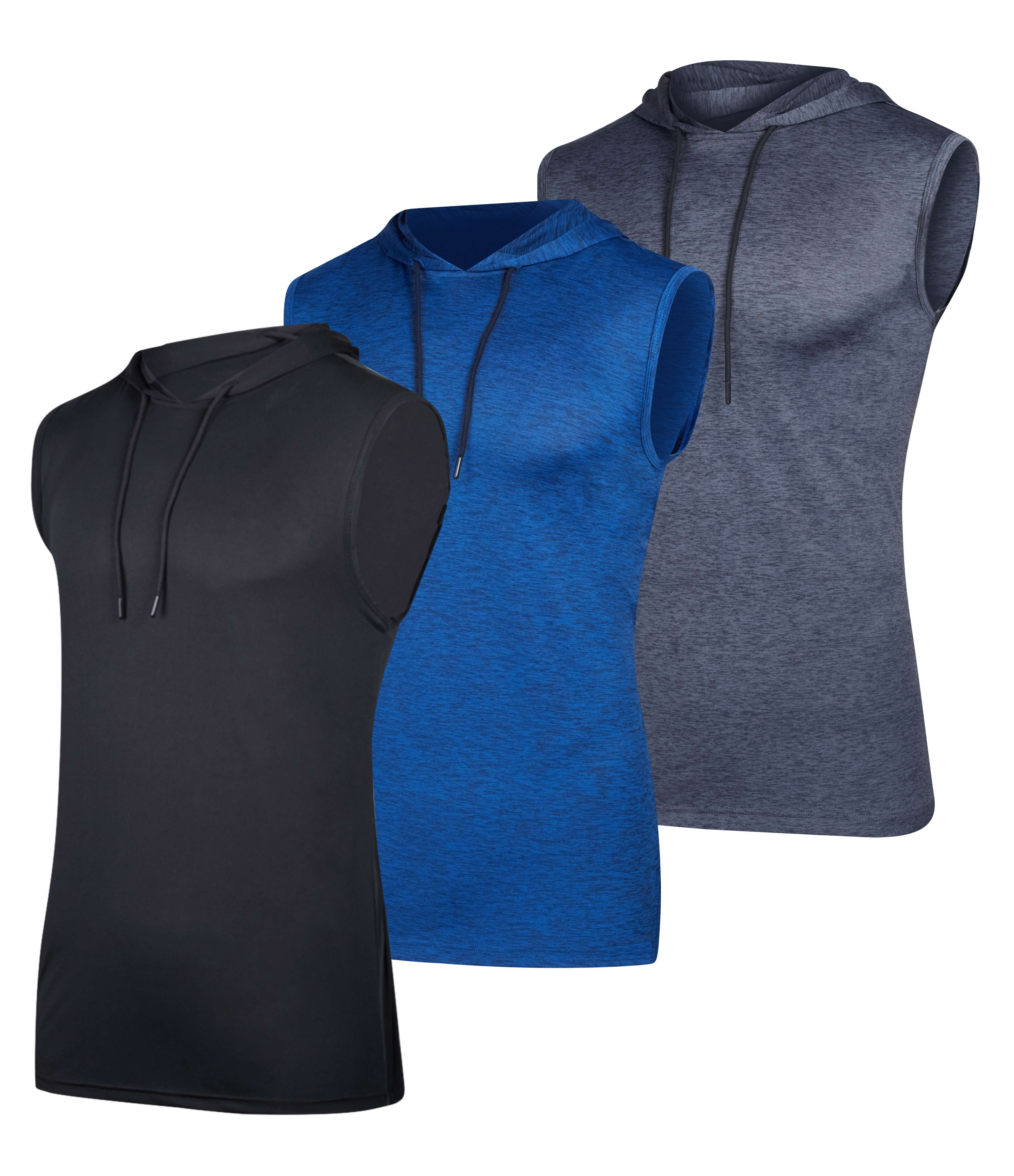 Real Essentials 3 Pack: Mens Dry-Fit Active Hooded Tank Top - Workout Sleeveless Hoodie Drawstring (Available in Big & Tall)