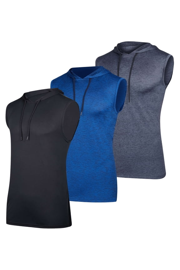 3 Pack: Mens Dry-Fit Active Hooded Tank Top - Workout Sleeveless Hoodie Drawstring (Available in Big & Tall)