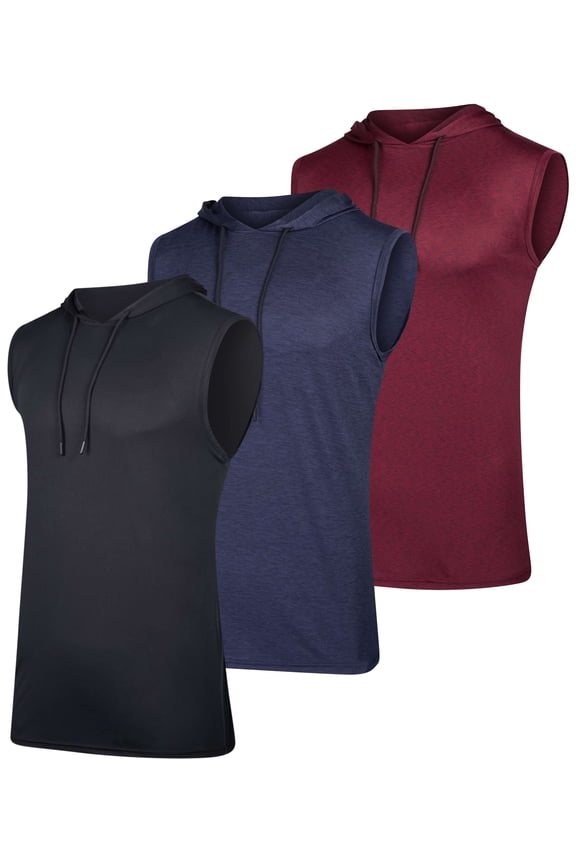 3 Pack: Mens Dry-Fit Active Hooded Tank Top - Workout Sleeveless Hoodie Drawstring (Available in Big & Tall)