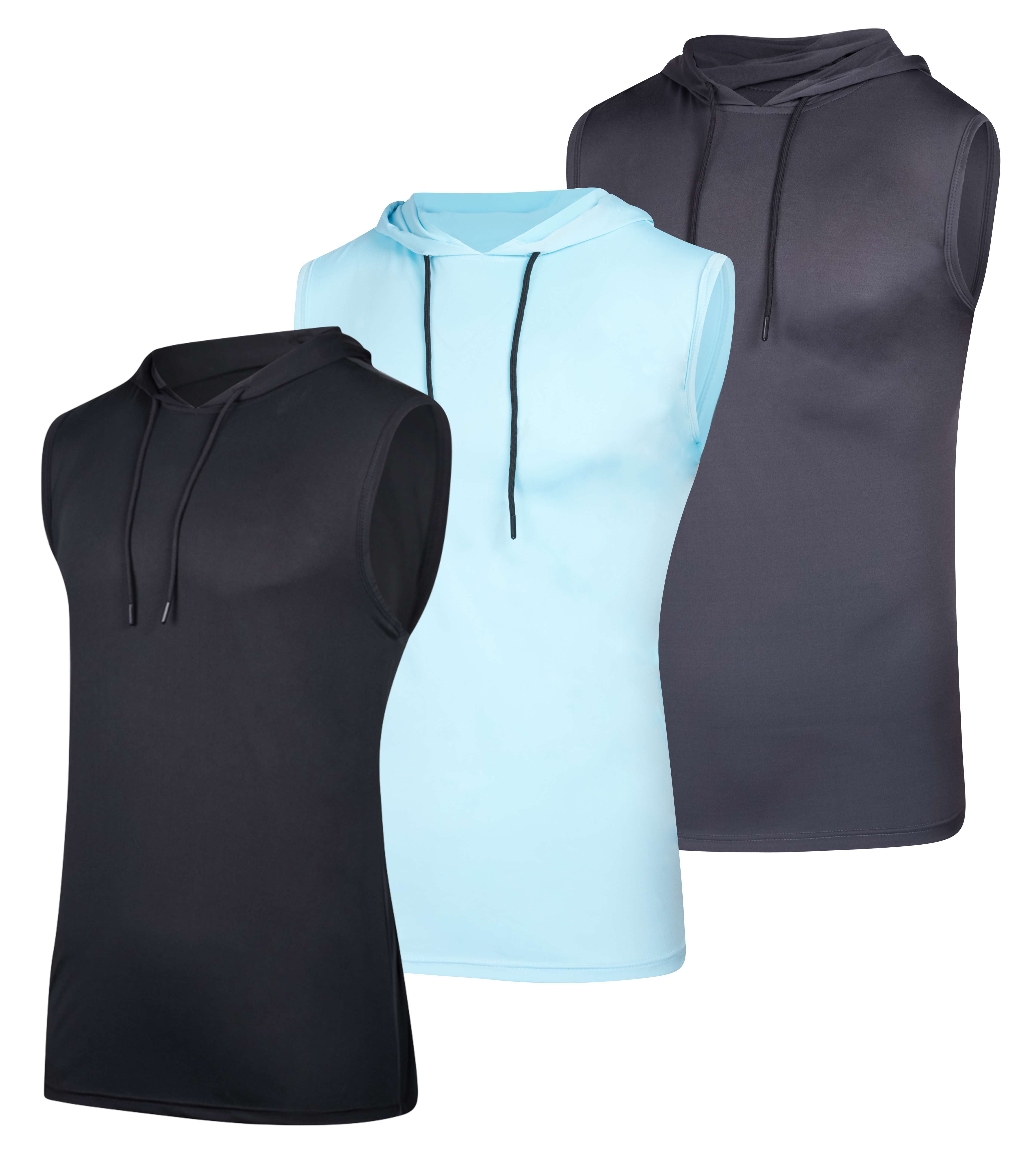 Real Essentials 3 Pack: Mens Dry-Fit Active Hooded Tank Top