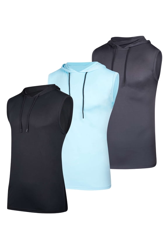 3 Pack: Mens Dry-Fit Active Hooded Tank Top - Workout Sleeveless Hoodie Drawstring (Available in Big & Tall)