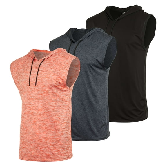 Real Essentials 3 Pack: Mens Dry-Fit Active Hooded Tank Top - Workout Sleeveless Hoodie Drawstring (Available in Big & Tall)
