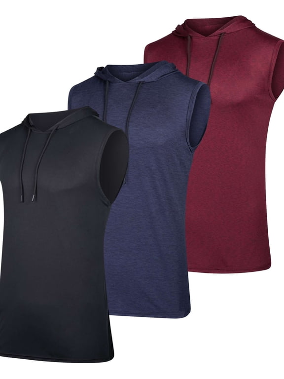 3 Pack: Mens Dry-Fit Active Hooded Tank Top - Workout Sleeveless Hoodie Drawstring (Available in Big & Tall)