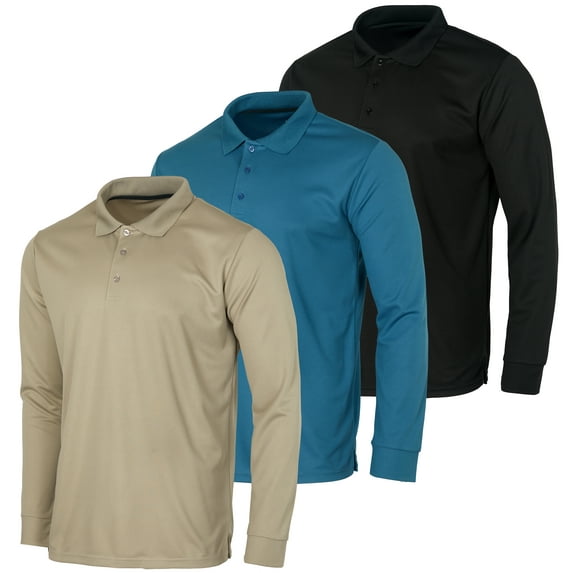 3 Pack Men's Dry-Fit Long-Sleeve Active Polo Shirt - Casual Performance Golf Quick Dry (Available In Big & Tall)