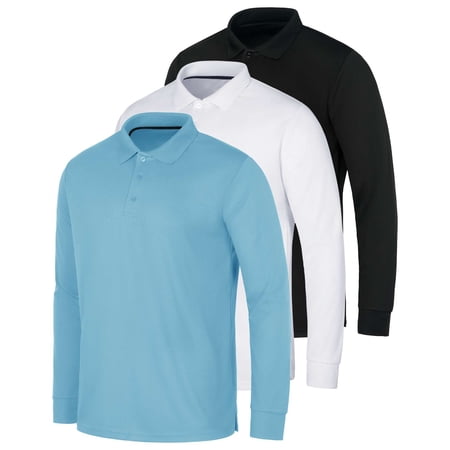 Real Essentials 3 Pack Men's Dry Fit Long-Sleeve Active Polo Shirt Casual Performance Golf (Available in Big & Tall)