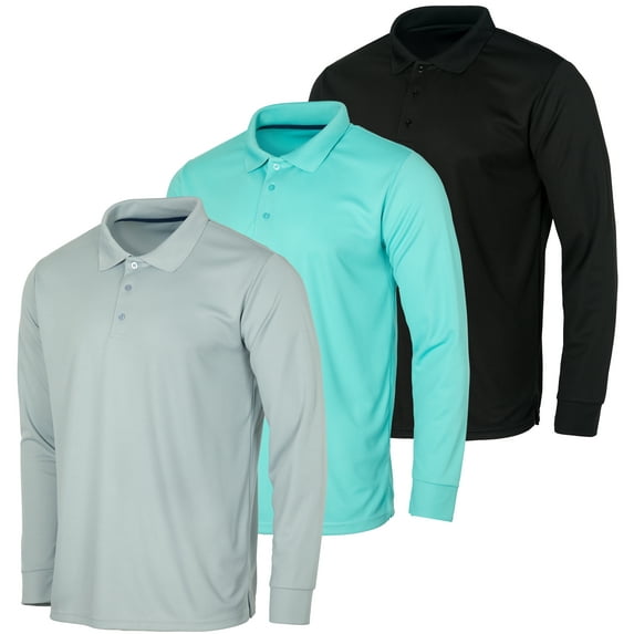 3 Pack Men's Dry-Fit Long-Sleeve Active Polo Shirt - Casual Performance Golf Quick Dry (Available In Big & Tall)