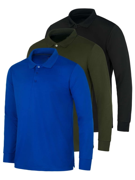 3 Pack Men's Dry Fit Long-Sleeve Active Polo Shirt Casual Performance Golf (Available in Big & Tall)