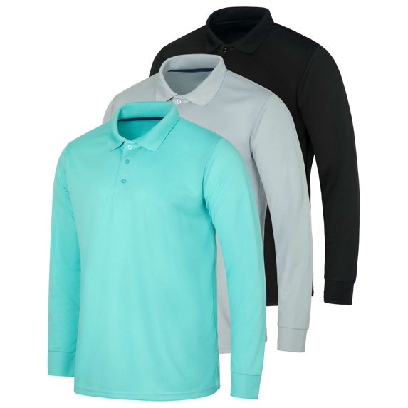 Real Essentials 3 Pack Men's Dry Fit Long-Sleeve Active Polo Shirt Casual Performance Golf (Available in Big & Tall)