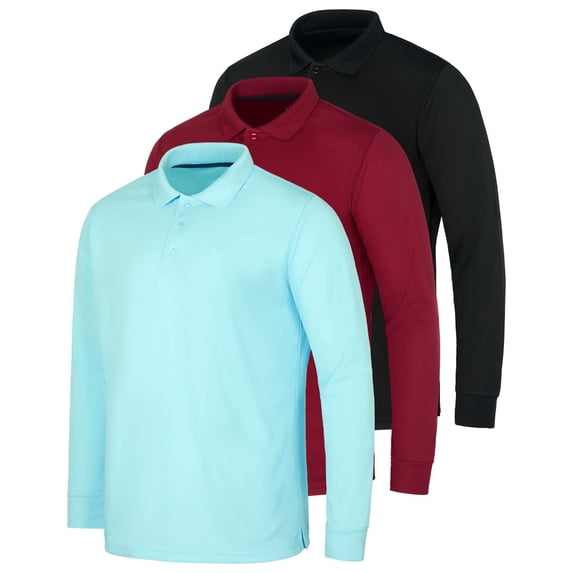 Real Essentials 3 Pack Men's Dry Fit Long-Sleeve Active Polo Shirt Casual Performance Golf (Available in Big & Tall)