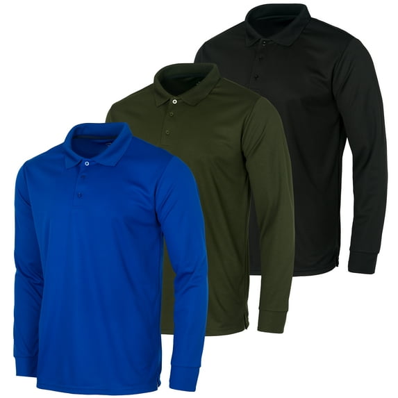3 Pack Men's Dry-Fit Long-Sleeve Active Polo Shirt - Casual Performance Golf Quick Dry (Available In Big & Tall)