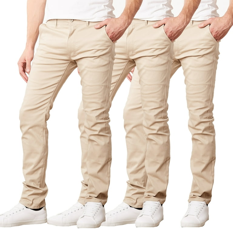 Mens Chino Pants Cotton Stretch Slim Fit Belt Zip Fly Trouser Casual Work  School 