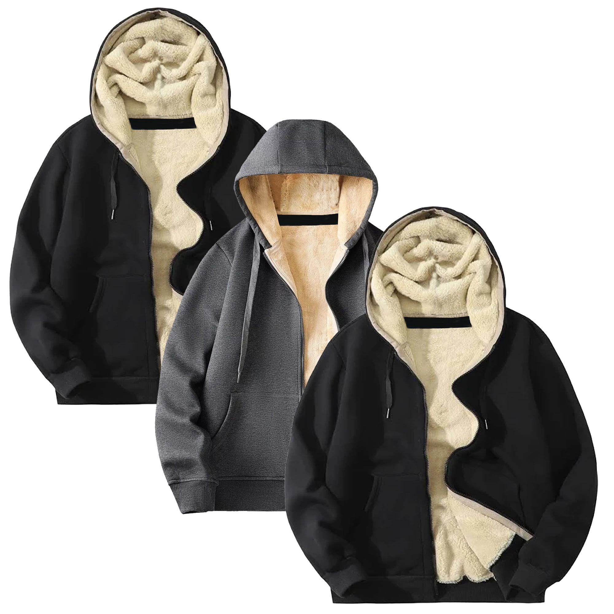 3-Pack Men's Heavyweight Sherpa Fleece-Lined Full Zip Hoodie (M-2XL ...