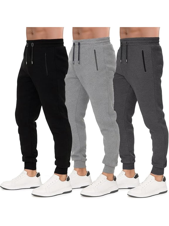 3 Pack Men's Joggers with Pockets – Fleece Mens Sweatpants with Zipper, Gym Joggers Men, Workout Sweat Pants