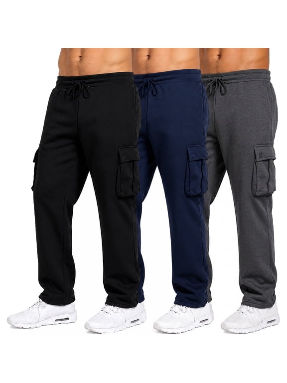 3-Pack Men's Modern Fit Fleece Lined Jogger Sweatpants With Velcro Cargo Pockets (S-5XL)