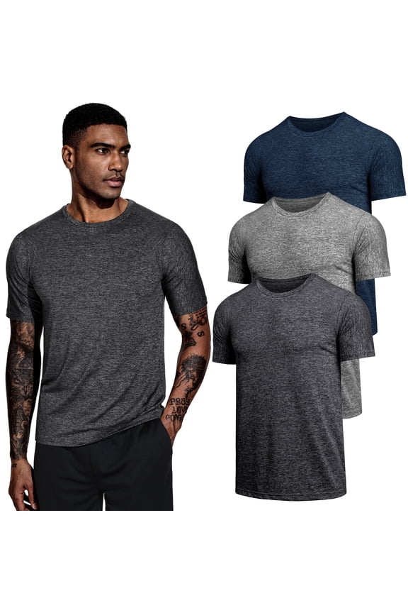 Men's 3 Pack Athletic T-Shirts, Moisture Wicking Breathable Gym Workout Tees for Running Outdoor Work, Navy Blue, Dark Gray, Light Gray