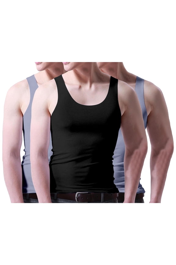 3 Pack Men's Solid Color Plus Size Ice Silk Seamless Sleeveless Muscle Tank Top, U Neck Slim Fit Undershirt for Summer Sports or Layering, Breathable and Stretchy Black6 XL